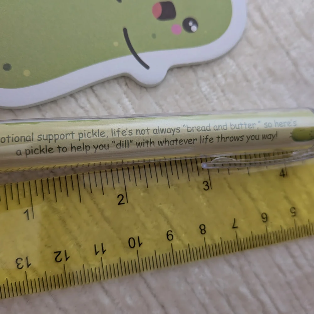 Pickle-Themed Pen Sets Qty 6, Bookmark, Pen, And  Stick Note Pad. 6 Designs